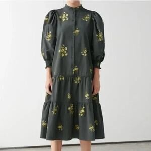 & Other Stories Wide Tiered Puff Sleeve Midi Dress Floral Yellow Womens 4 Grey